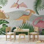 Papier peint Groupe de dinosaures avec des feuilles