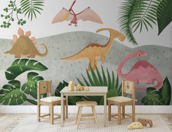 Groupe de dinosaures avec des feuilles Papier peint Groupe de dinosaures avec des feuilles