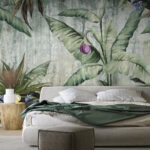 Papier peint Feuillage tropical avec fleur pourpre.