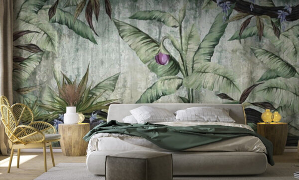 Feuillage tropical avec fleur pourpre Papier peint Feuillage tropical avec fleur pourpre