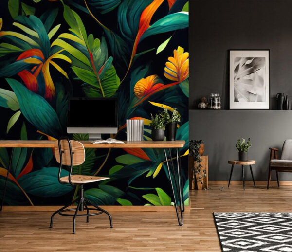 Feuilles et fleurs tropicales vibrantes Papier peint Feuilles et fleurs tropicales vibrantes