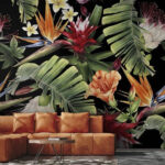 Papier peint Motif floral tropical sur fond noir.