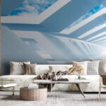 Papier peint Structure blanche avec ciel bleu et nuages
