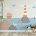 Papier peint Dessin humoristique d'un phare et d'un bateau