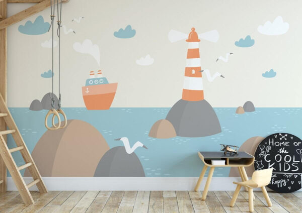 Dessin humoristique d'un phare et d'un bateau Papier peint Dessin humoristique d'un phare et d'un bateau