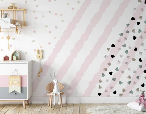 Fond rayé rose et blanc avec petits cœurs Papier peint Fond rayé rose et blanc avec petits cœurs