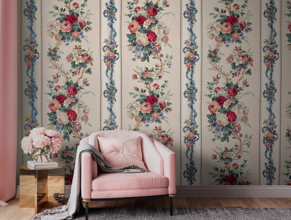 Motif floral avec rayures verticales Papier peint Motif floral avec rayures verticales