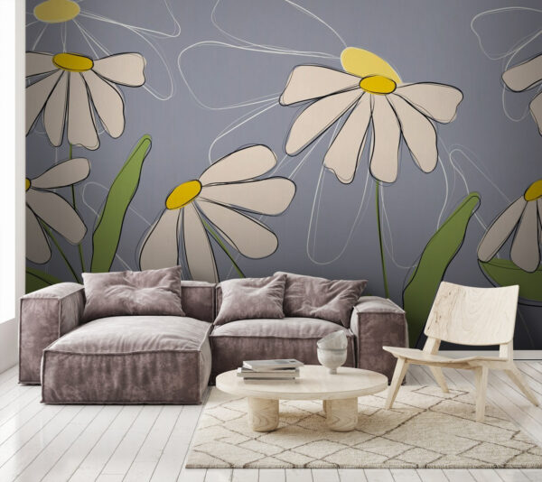 Dessin de fleurs sur fond gris Papier peint Dessin de fleurs sur fond gris