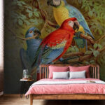 Papier peint Groupe d'oiseaux colorés sur une branche d'arbre