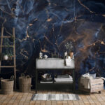 Papier peint Motif abstrait de marbrures bleues et bronze.