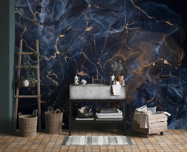 Motif abstrait de marbrures bleues et bronze Papier peint Motif abstrait de marbrures bleues et bronze