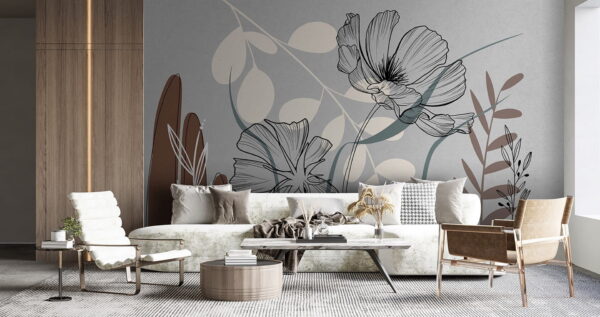 Papier peint Dessin de fleurs et de feuilles