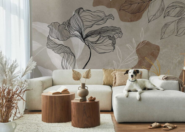 Élégant dessin floral au trait Papier peint Élégant dessin floral au trait