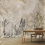 Papier peint Feuilles tropicales aux tons sourds.