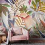 Papier peint Feuilles et fleurs tropicales colorées