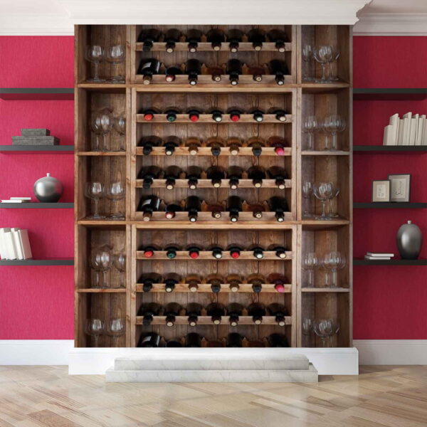 Bouteilles de vin et verres sur des étagères Papier peint Bouteilles de vin et verres sur des étagères