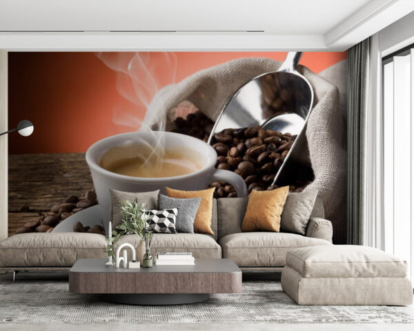 Tasse de café avec de la vapeur et des grains de café Papier peint Tasse de café avec de la vapeur et des grains de café