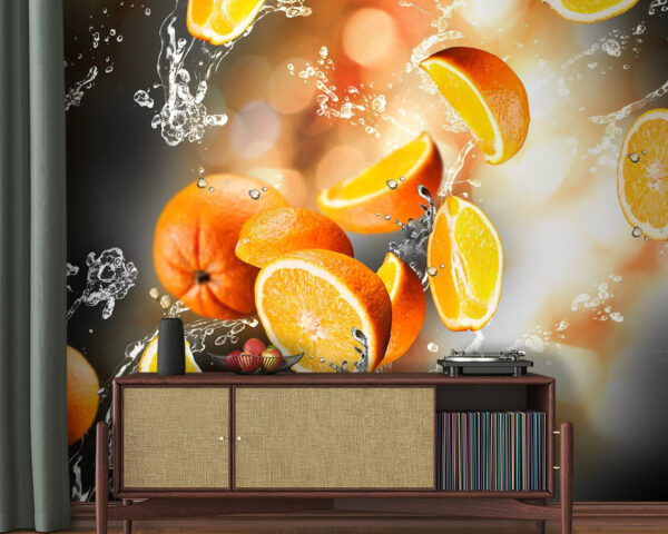 Oranges tombant dans l'eau avec éclaboussures Papier peint Oranges tombant dans l'eau avec éclaboussures