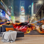 Papier peint Voiture de sport rouge en feu