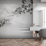 Papier peint Sphères flottantes dans un couloir géométrique.