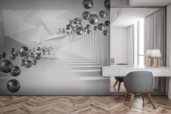 Sphères flottantes dans un couloir géométrique Papier peint Sphères flottantes dans un couloir géométrique
