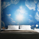 Papier peint Ciel bleu avec nuages et soleil