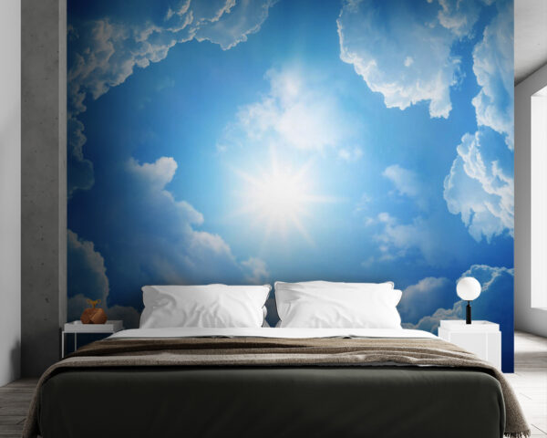 Ciel bleu avec nuages et soleil Papier peint Ciel bleu avec nuages et soleil