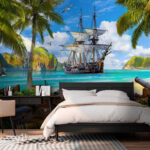 Papier peint Navire pirate ancré dans un paradis tropical.