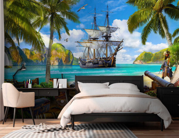 Navire pirate ancré dans un paradis tropical Papier peint Navire pirate ancré dans un paradis tropical