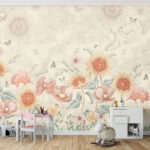 Papier peint Papier peint avec des fleurs et des papillons