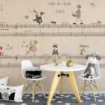 Papier peint Feuille de musique avec des dessins de personnes jouant des instruments