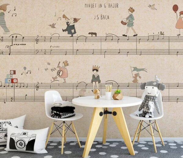 Feuille de musique avec des dessins de personnes jouant des instruments Papier peint Feuille de musique avec des dessins de personnes jouant des instruments
