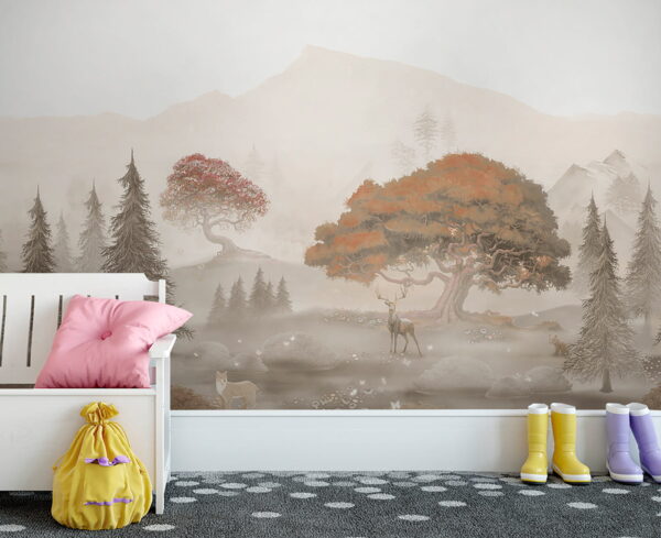 Peinture d'une forêt avec des arbres et des montagnes Papier peint Peinture d'une forêt avec des arbres et des montagnes