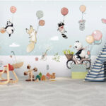 Papier peint Panda tenant un panier de fleurs