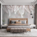 Papier peint Feuilles de palmier blanches sur fond beige.