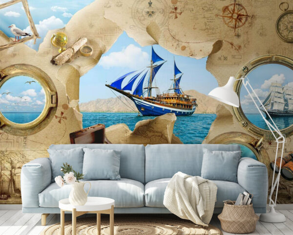 Des aventures à la voile sur une carte au trésor Papier peint Des aventures à la voile sur une carte au trésor