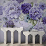 Papier peint Fleurs violettes douces avec des feuilles vertes