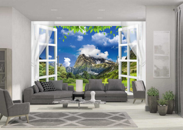 Fenêtre avec vue sur une montagne Papier peint Fenêtre avec vue sur une montagne