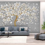 Papier peint Arbre avec des fleurs et des feuilles blanches