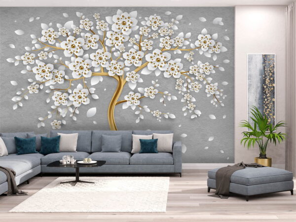 Arbre avec des fleurs et des feuilles blanches Papier peint Arbre avec des fleurs et des feuilles blanches