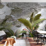 Papier peint Mur de briques avec des feuilles et un mur de briques