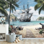 Papier peint Navire pirate ancré sur une plage pittoresque.