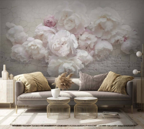 Pivoines blanches sur mur fissuré Papier peint Pivoines blanches sur mur fissuré