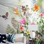 Papier peint Peinture de fleurs et de papillons