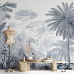 Papier peint Paradis tropical en délicate échelle de gris.
