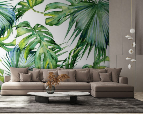 Papier peint Feuilles tropicales dans un motif aquarelle (UGS : u58625) Papier peint Papier peint Feuilles tropicales dans un motif aquarelle (UGS : u58625)
