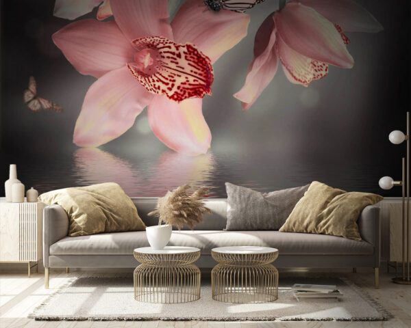 Orchidées roses et papillons sur une branche Papier peint Orchidées roses et papillons sur une branche