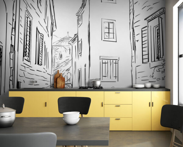 Dessin d'une rue avec des bâtiments Papier peint Dessin d'une rue avec des bâtiments