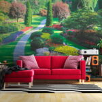 Papier peint Jardin avec beaucoup de fleurs et d'arbres