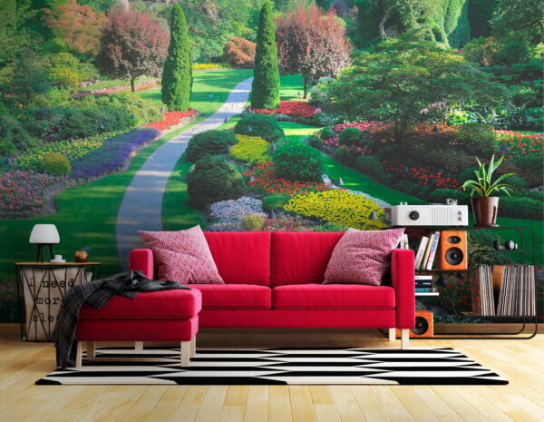 Jardin avec beaucoup de fleurs et d'arbres Papier peint Jardin avec beaucoup de fleurs et d'arbres